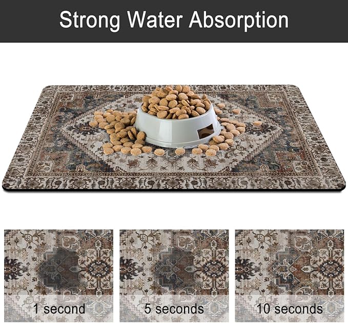 Dog Food Mats for Floors, Absorbent and Quick-Drying Pet Cat Food Mat,Anti-Fouling and Easy-to-Clean Pet Feeding Mat,Dog Bowl Mat for Messy Drinking Water Bowls.16 x24, Bohemia Style