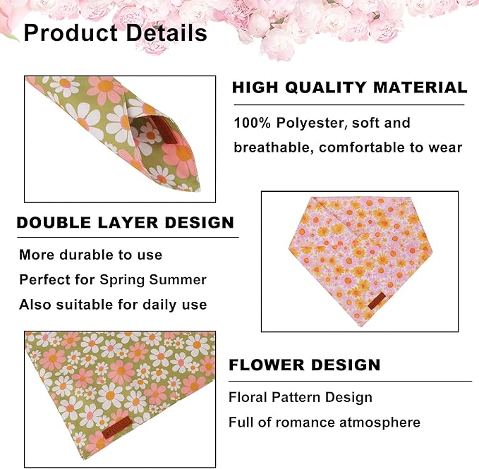 ADOGGYGO Floral Dog Bandanas 2 Pack, Daisy Flower Puppy Scarf, Premium Fabric, Adjustable Fit Spring Summer Floral Bandanas for Small Dogs (Small)