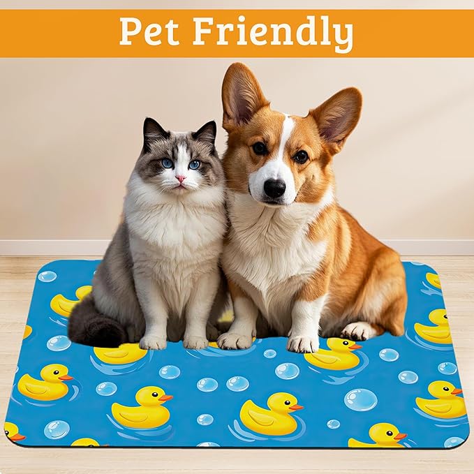 Yellow Rubber Ducks Dog Food Mat,Soap Bubbles Absorbent Pet Feeding Mat for Food and Water Bowl,Quick Dry Dog Placemat Non Slip Rubber Backing Waterproof Pet Supplies 12" x 20"