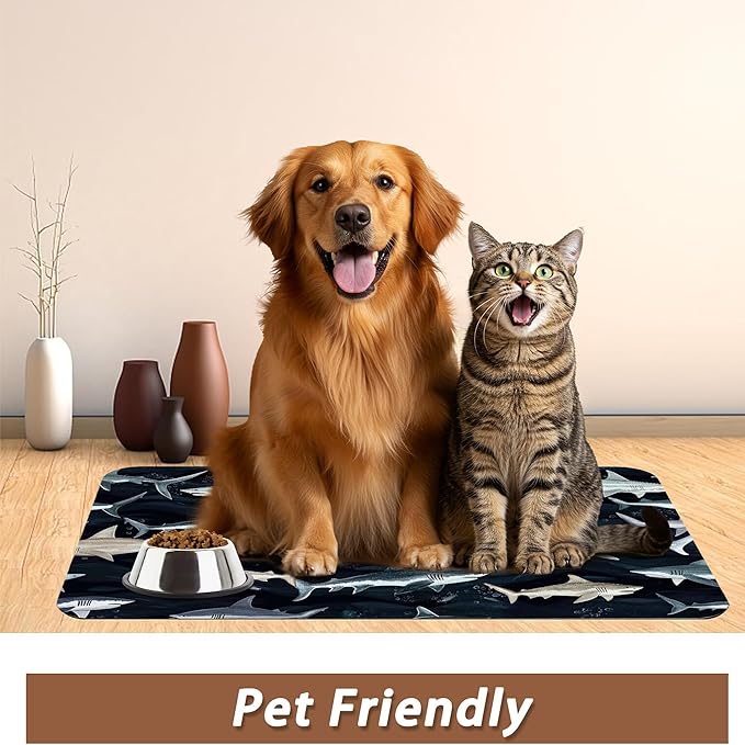 Cute Shark Dog Cat Food Mat,Absorbent Pet Feeding Mat with Rubber Backing,Non-Slip Water Bowl Placemat,Indoor Pet Accessories Supplies 16"x24"