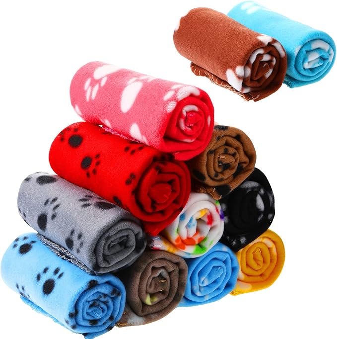 Tegeme 12 Pieces Fleece Blankets for Pets Dog Puppy Paw Print Cat Bedding Cover Blanket for Small Animals Pig Cage Liner Sleep Mat Pad Kitten Soft Warm(Cute Style,39 x 28 Inches)