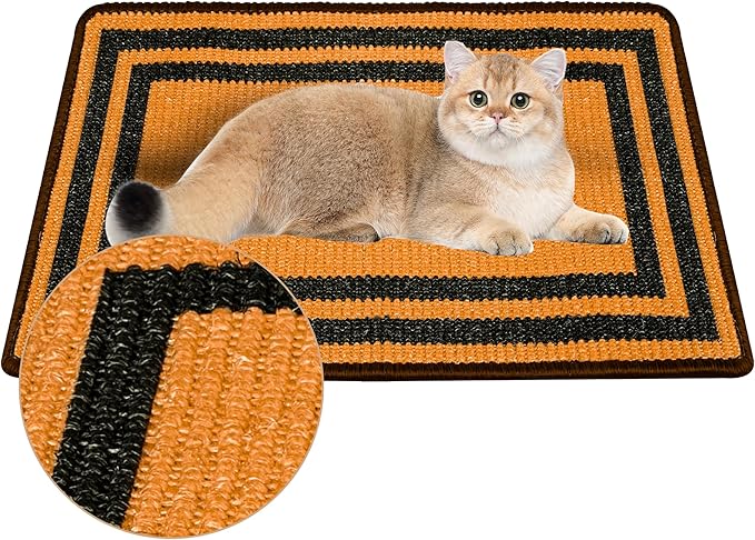 Cat Scratcher Mat, 23.6x15.7 Inch Natural Sisal Cat Scratch Pad, Horizontal Cat Scratching Pad Rug for Indoor Cats with Sticky Tapes, Protect Couch & Carpets（Brown Black）