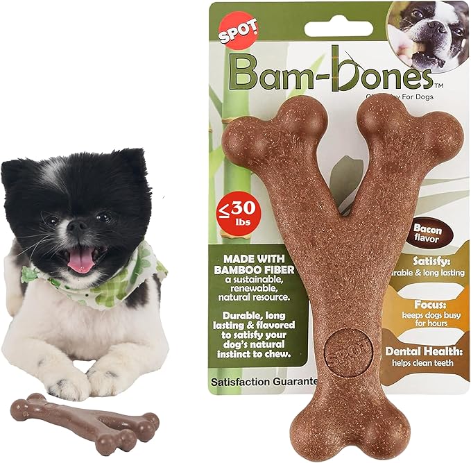 SPOT Bam-Bones Wishbone - Made with Strong Bamboo Fiber, Durable Long Lasting Dog Chew for Light to Moderate Chewers, Great Toy for Adult Dogs & Teething Puppies Under 30lbs, 5.25in, Bacon Flavor