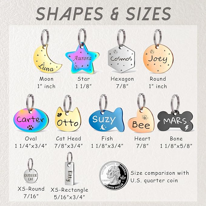 Anavia Small Size Dog Cat ID Tags, Small/XS Personalized Color Plated Stainless Steel Puppy Kitten Name Tags, Customized Engraved Nameplate Pet Collar Tag (Silver, XS-Round)