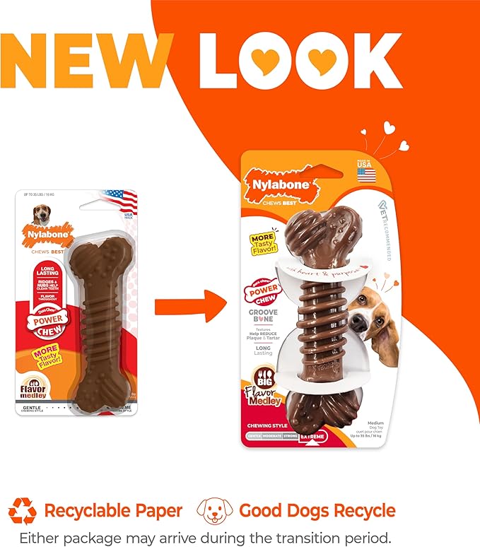 Nylabone Groove Bone Power Chew Toy for Dogs, Dental Dog Toys for Aggressive Chewers, Dog Chew Bone, Long Lasting Flavor Medley Flavor, For Medium Dogs - Up to 35 lbs, 1 Count