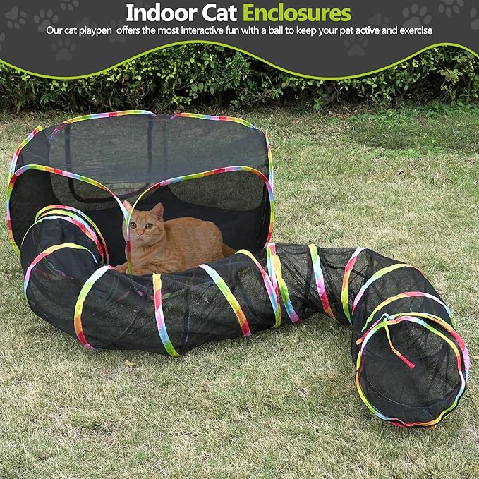 Outdoor Cat Enclosure, Portable Cat Tents for Outside with Storage Bag, Outside Cat Playpen Pet Enclosure with Toy Ball, Cat Tunnel Outdoor Playground for Cats & Small Animals