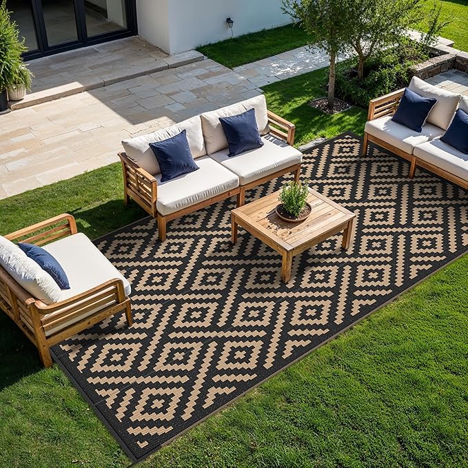 GENIMO Outdoor Rug for Patio Clearance, 9'x18' Waterproof Camping Mat, Reversible Plastic Straw Rugs for RV, Camper, Balcony, Backyard, Picnic, Deck (Black & Brown)