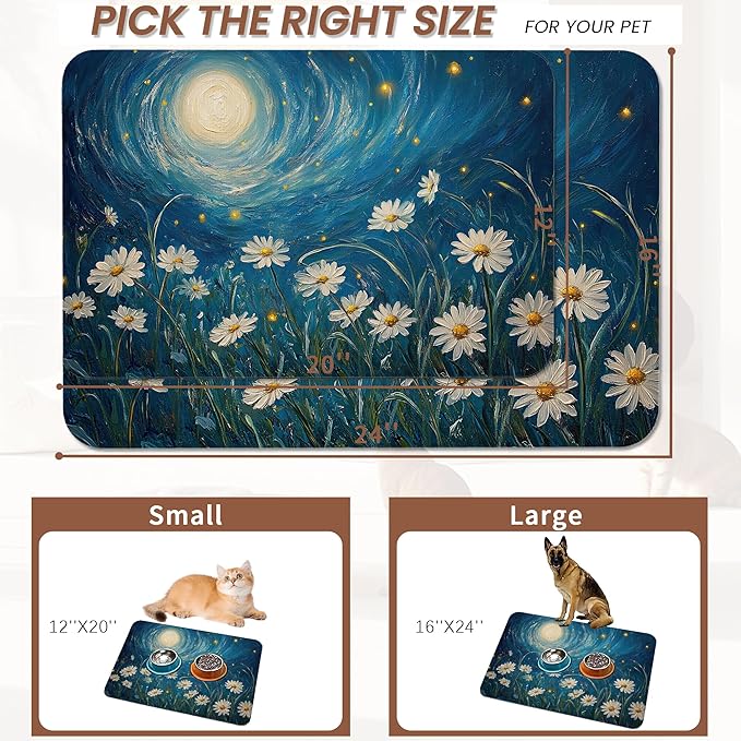 Starry Night Pet Feeding Mat,Moon Daisy Flower Absorbent Quick-Dry Cat Dog Food and Water Bowl Mats,Non-Slip Rubber Backing Mat,Cat Dog Accessories Supplies 12"x20"