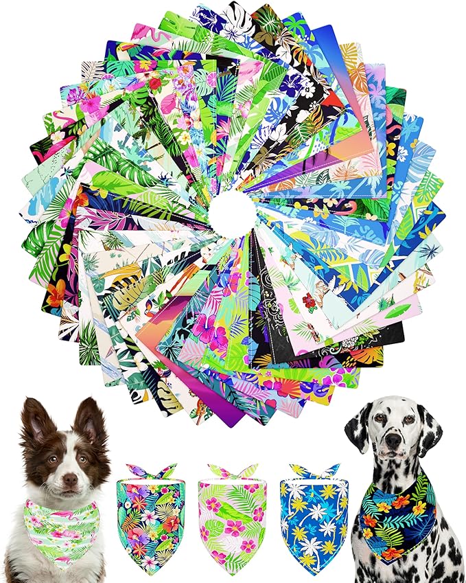 PET SHOW 50 Pack Hawaiian Dog Bandanas Bulk for Extra Large XL Dogs Washable Adjustable Pet Scarf Triangle Bibs for Dogs Red Pink Decorative Grooming Accessories