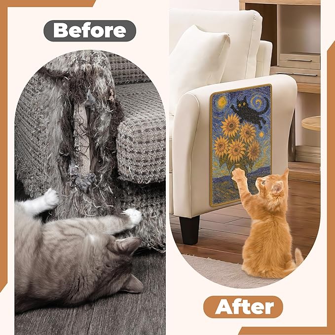 Sisal Cat Scratcher Mat, Cat Wall Scratcher for Indoor Cats, 23.6x15.7 Inch Cat Scratch Pad with Hook & Loop, Wall Mounted Cat Scratching Post to Protect Couch and Carpet（Sunflower）