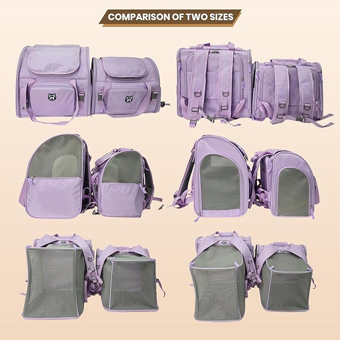 Lollimeow Expandable Cat Carrier Backpack for Large Cats - Airline Approved Pet Carrier Backpack for Small Dogs, Hiking & Travel, Waterproof with Breathable Mesh, 14lbs Capacity (Lavender, Standard)