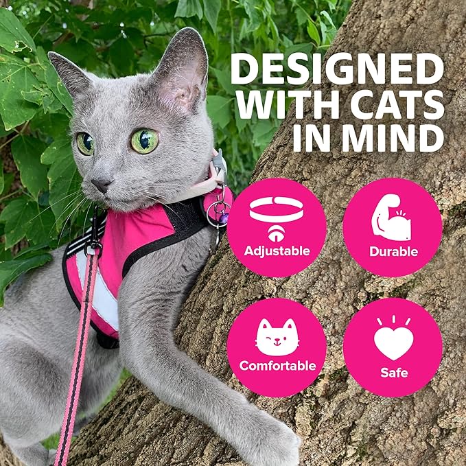 Kitty Holster Reflective Cat Harness – High-Visibility Cat Harness for Travel, Day and Night Walking - Soft Cotton Cat Accessories, Breathable, Secure & Washable, Made in USA - Flamingo Pink, XL