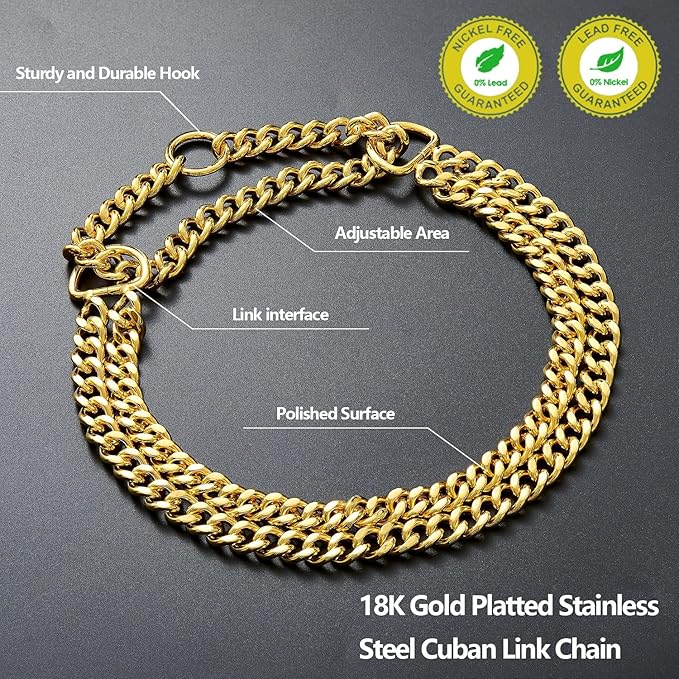 Gold 18K Gold Dog Chain Collar - Stainless Steel, Adjustable, Chew Proof, Cuban Link, Double Row, Walking Collar for Large, Small, Medium Dogs