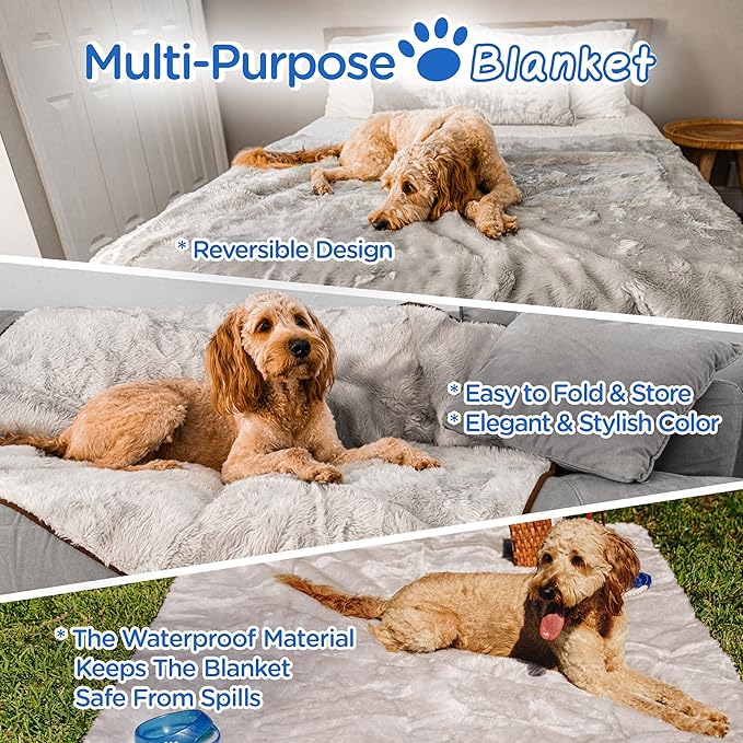 PupProtector Waterproof Throw Blanket for Dogs and Cats, Pet Blanket Cover for Couches, Sofas, Beds, Car Seats, Furniture, Calming Soft Faux Fur, Grey, Original (60" L x 50" W)