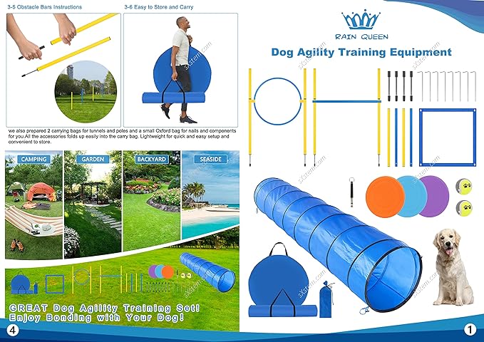 RAIN QUEEN Dog Agility Course Backyard Set - Agility Training Equipment for Dogs Starter Kit-Pet Outdoor Games with Tunnel, Weave Poles, Adjustable Hurdle, Jump Ring, Pause Box, Toys and Carrying Bag