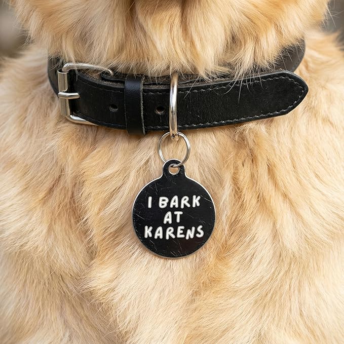 Bad Tags Personalized Dog and Cat ID Tags in 25+ Designs and 2 Sizes - 5 Lines of Custom Engraved Text - Funny Cute Personalized Pet Tags (I Bark at Karens, Large (1.25 inch))