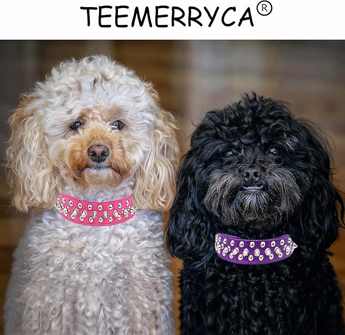 TEEMERRYCA Adjustable PU Leather Spiked Studded Dog Collars with a Squeak Ball Gift for Small Medium Large Pets Like Cats/Pit Bull/Bulldog/Pugs/Husky, Hot Pink, XS 8.3"-10.6"