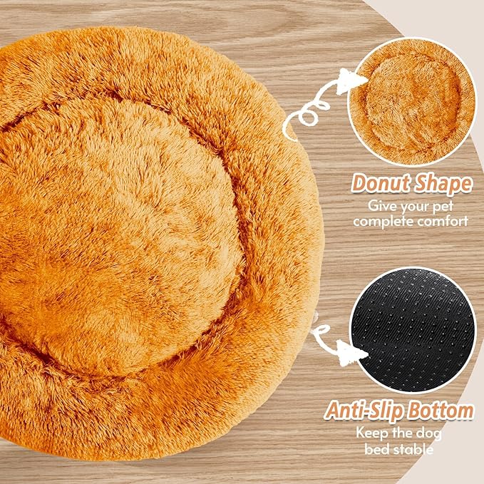 JOLLYVOGUE Calming Small Dog & Cat Bed for Indoor Cats - 20 inches Washable Donut Bed for Kittens & Puppies, Anti-Anxiety Round Fluffy Plush Pet Beds (Fits up to 15 lbs, Orange)