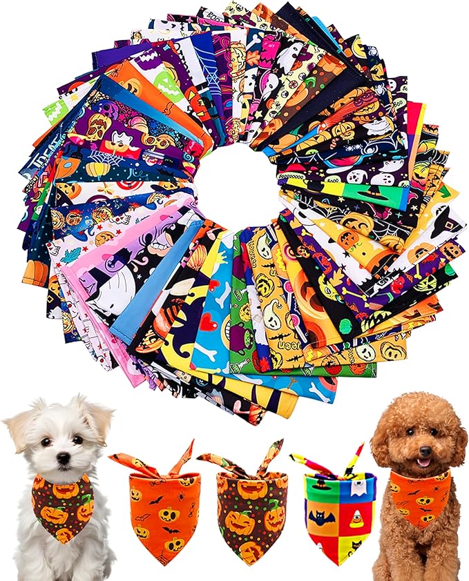PET SHOW 50 Pack Halloween Small Dog Bandanas Bulk XS Washable Puppy Girl Boy Triangle Bibs Ghost Pumpkin Kerchief Set Cats Scarves Pet Holiday Grooming Accessories