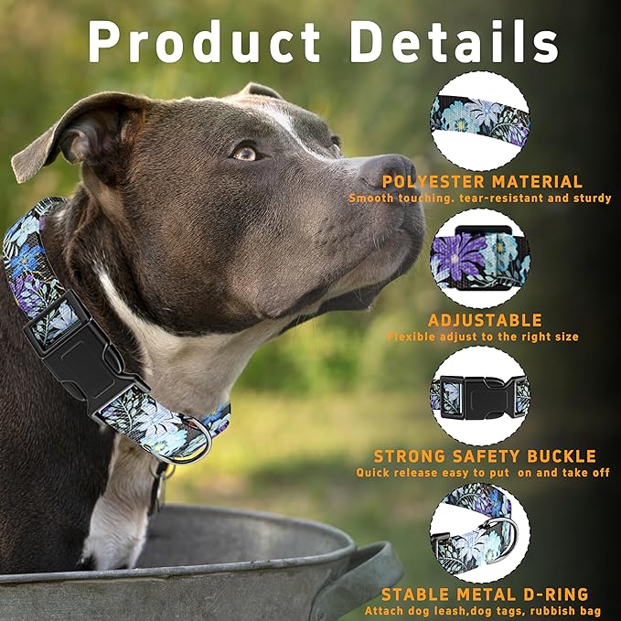 Dog Collar for Boys & Girls, Puppy Collar for Small to Large Dogs, Adjustable Soft Pet Collar with Safety Buckle - Purple Floral Pattern, XL