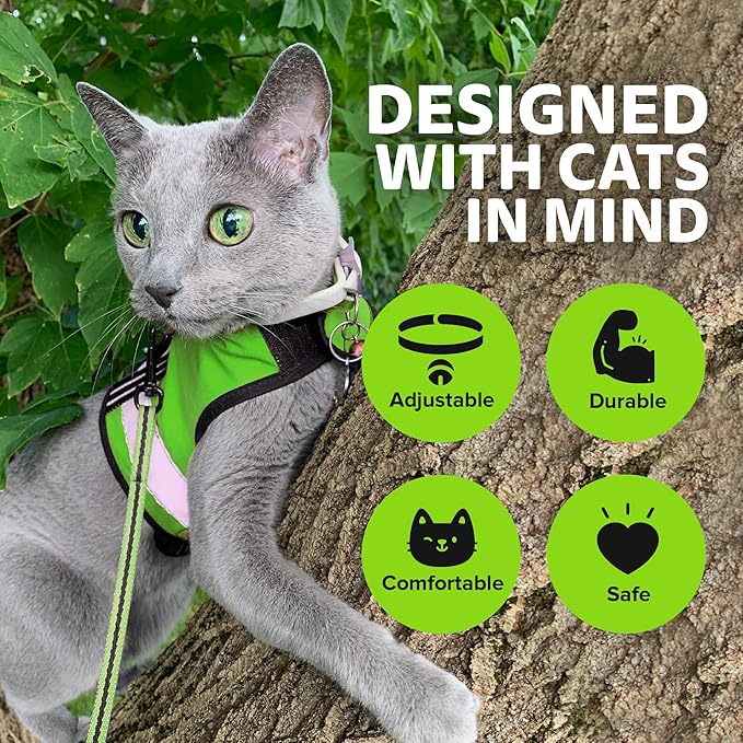 Kitty Holster Reflective Cat Harness – High-Visibility Cat Harness for Travel, Day and Night Walking - Soft Cotton Cat Accessories, Breathable, Secure & Washable, Made in USA - Loud Lime, M to L