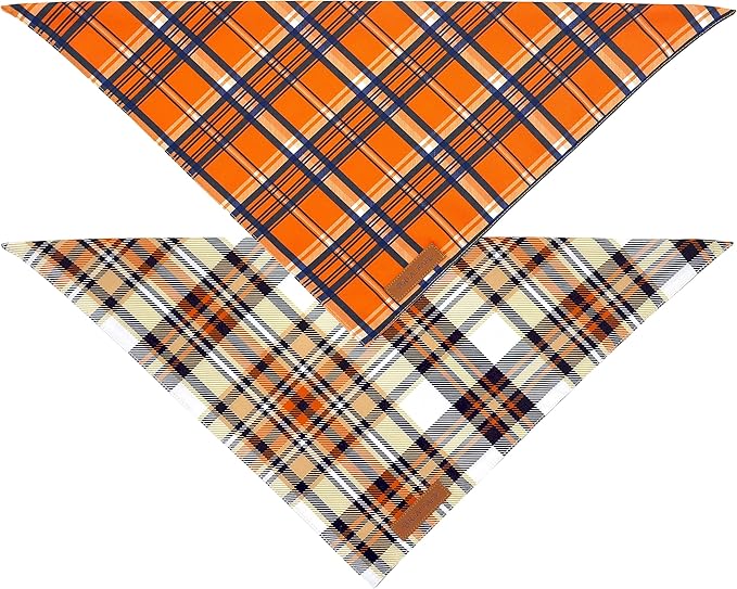 Realeaf Fall Dog Bandanas 2 Pack, Reversible Orange Plaid Holiday Pet Scarf for Boy and Girl, Premium Durable Fabric, Halloween Thanksgiving Bandana for Medium and Large Dogs (Large)