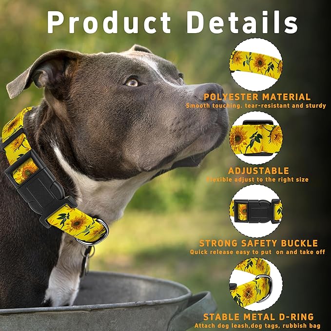 Dog Collar, Floral Boys Girls Puppy Collar for Small Medium Large Dogs, Adjustable Soft Pet Collar with Safety Buckle for Male Females (Yellow Sunflower)