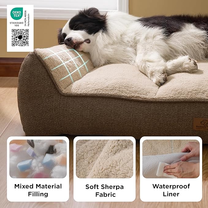 Bedsure SupportMax™ XL Plus Orthopedic Dog Beds Large Sized Dog - Extra Thick Supportive Dogs Couch with Waterproof Washable Cover, Jumbo Comfort Pet Sofa with Soft Sherpa & Nonskid Bottom, Brown, 48"