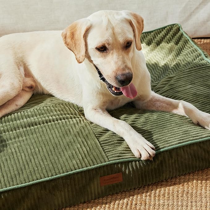 FUKUMARU Dog Bed, Thickened Corduroy Orthopedic Dog Beds with Washable Cover, Large Waterproof Dogs Bed for Crate, 28D Egg Crate Foam Support Pet Mat, Cozy Pet Bed Pad with Anti-Slip Bottom, Green