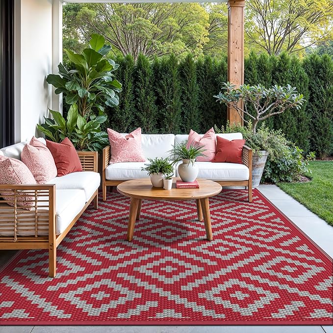 GENIMO Outdoor Rug for Patio Clearance, 8'x10' Reversible Plastic Straw Rugs, Lightweight Waterproof RV Camping Mat for Camper, Balcony, Deck, Backyard, Picnic, Red Grey