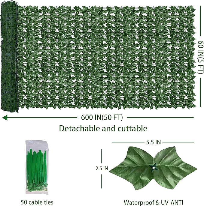 Artificial Fence Privacy Screen: 5FT x 50FT UV-Anti Faux Greenery Backdrop Ivy Chain Link Shades Panels for Patio, Balcony, Garden,Deck,Backyard Indoor Outdoor Green Wall Decor