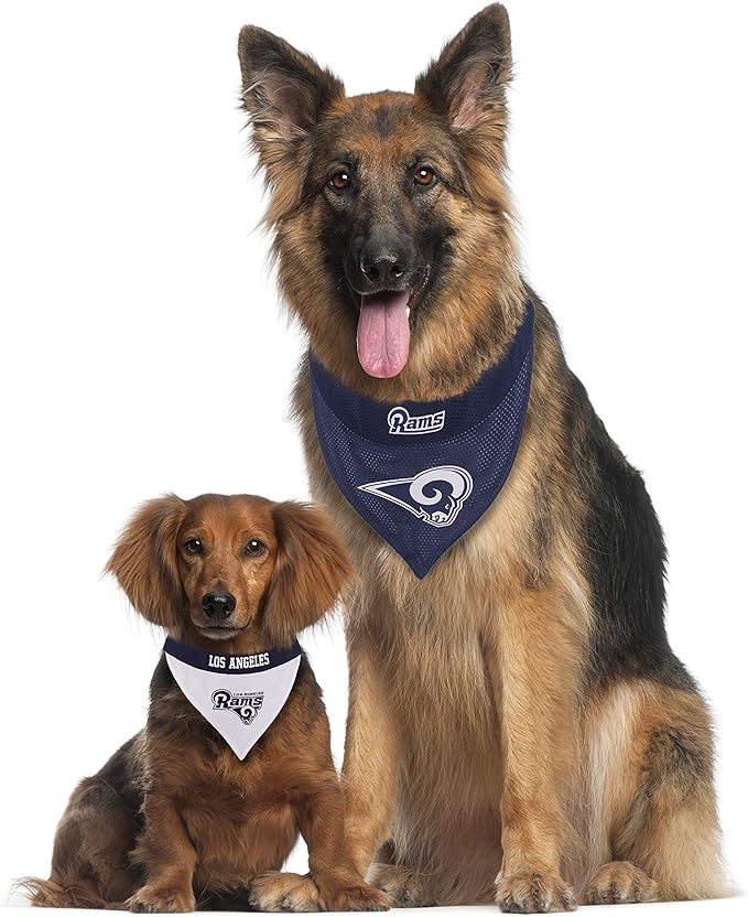 NFL DOG BANDANA - LOS ANGELES RAMS REVERSIBLE PET BANDANA. 2 Sided Sports Bandana with a PREMIUM Embroidery TEAM LOGO, Large/X-Large. - 2 Sizes & 32 NFL Teams available