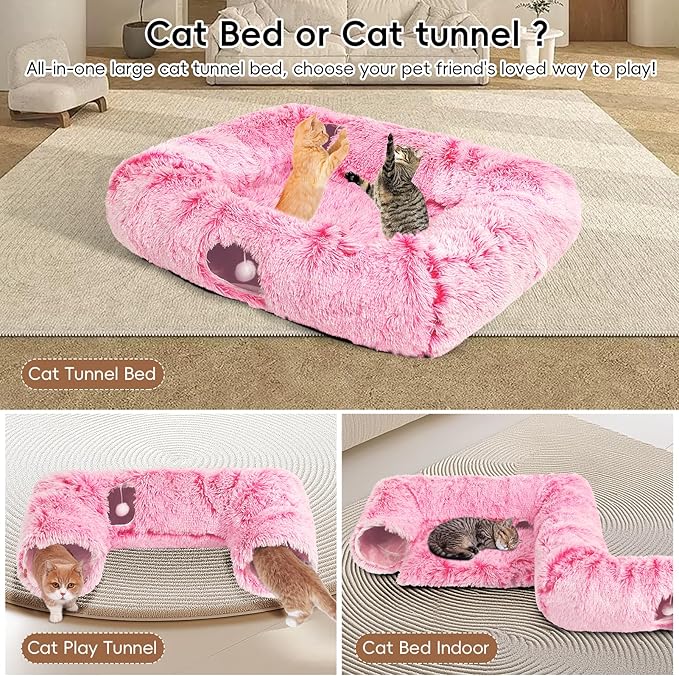 Extra Large Cat Tunnel Bed, 4 Ways Tunnels for Indoor Cats, Multi-cat Family Pet Bed & Cave, Plush Cat Donut with Washable Middle Mat, Exit Balls, Pet Play Toy for Kitten Puppy Rabbit, Pink
