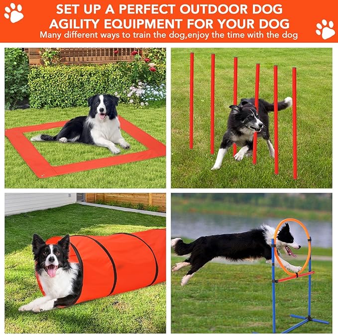 Garvee Dog Agile Training Equipment Set Outdoor Indoor,70" Tunnel + Tire Jump + Hurdle Jump, Weave Poles, Pause Box, 2 Toy Balls, 1 Whistle, Carry Bag, Premium Dog Obstacle Course Kit