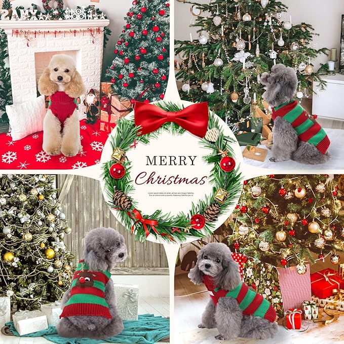 Dog Cat Christmas Sweater Boy Girl Ugly Reindeer Xmas Pet Clothes Holiday Puppy Costume New Year Gifts for Small Medium Large Dogs Outfits (L, Red Green Stripe Reindeer)