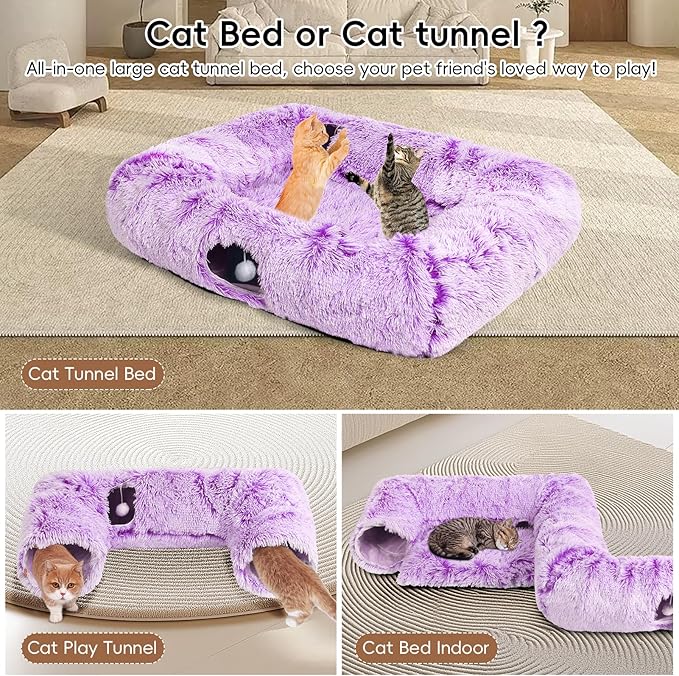 Extra Large Cat Tunnel Bed, 4 Ways Tunnels for Indoor Cats, Multi-cat Family Pet Bed & Cave, Plush Cat Donut with Washable Middle Mat, Exit Balls, Pet Play Toy for Kitten Puppy Rabbit, Purple