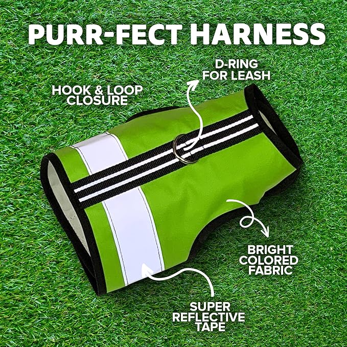 Kitty Holster Reflective Cat Harness – High-Visibility Cat Harness for Travel, Day and Night Walking - Soft Cotton Cat Accessories, Breathable, Secure & Washable, Made in USA - Loud Lime, M to L
