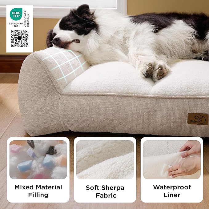 Bedsure SupportMax™ XL Orthopedic Dog Beds Large Sized Dog - Extra Thick Supportive Dogs Couch with Waterproof Washable Cover, Extra Large Comfort Pet Sofa with Soft Sherpa and Nonskid Bottom, Beige