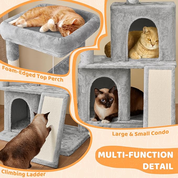 Yaheetech 42in Cat Tree Tower with Scratching Posts, Plush Condo, Ramp & Perch, Multi-Level Climber for Indoor Cats & Kittens, Light Gray