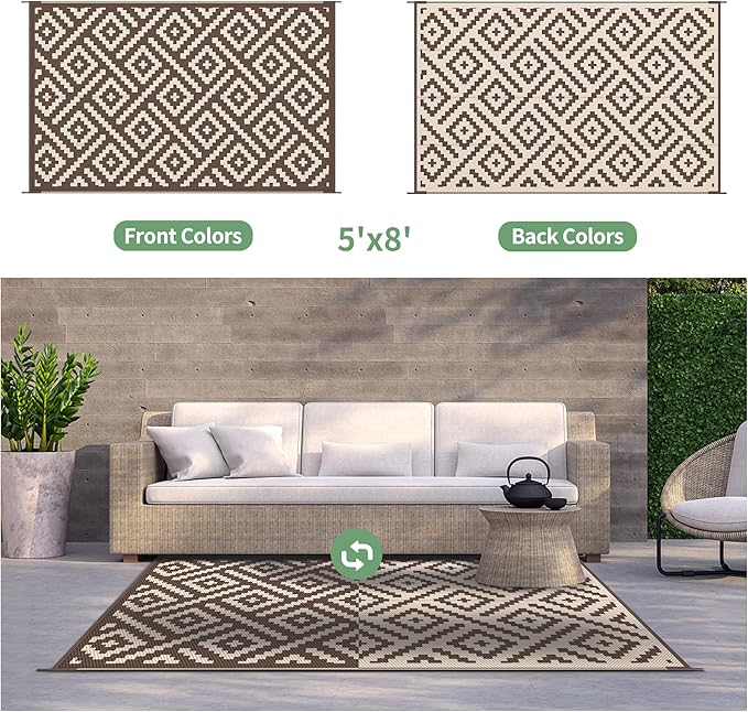 GENIMO 5x8 Outdoor Rug Waterproof, Reversible Mats, Outdoor Area Rug, Plastic Outside Carpet, Geometric Rv Mat for Patio Camping Rv Picnic Backyard Deck Balcony Porch Beach Trailer (Coffee&Beige)