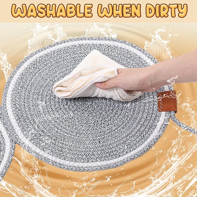 25.6 Inch Large Scratching Mat for Indoor Cats Natural Cotton Rope Flat Scratcher with Ear Hooks and Ball Toy Cat Scratch Rug Pad for Wall, Couch, Carpets, Sofas(Light Gray)