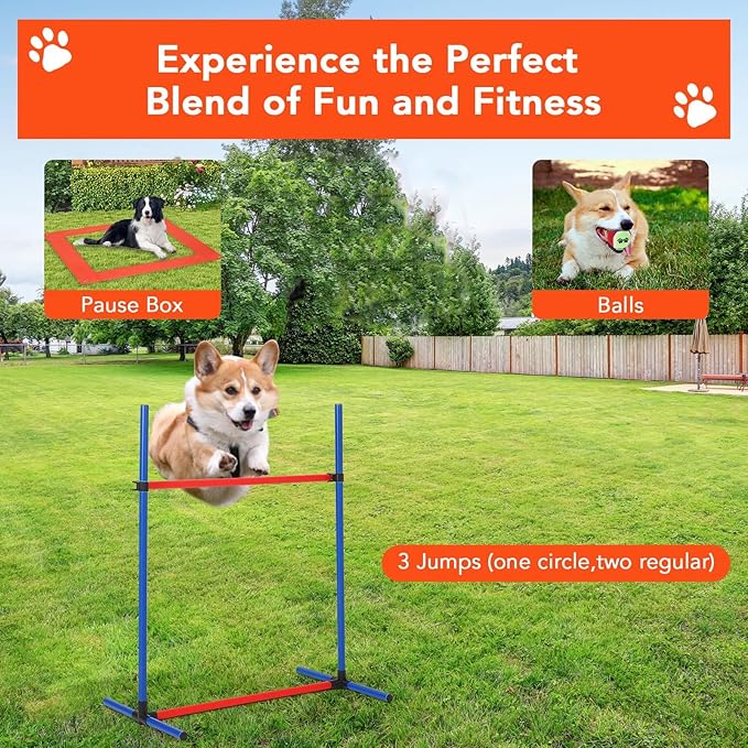 Garvee Dog Agile Training Equipment Set Outdoor Indoor,70" Tunnel + Tire Jump + Hurdle Jump, Weave Poles, Pause Box, 2 Toy Balls, 1 Whistle, Carry Bag, Premium Dog Obstacle Course Kit