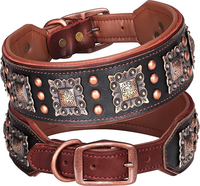 PET ARTIST Genuine Leather Dog Collar for Large Dogs, 2 inch Wide Luxury Dog Collar with Rivet Studded & Metal Buckle, Comfortable & Stylish Pet Collars for Great Dane Rottweiler,Black,Neck 22-25"