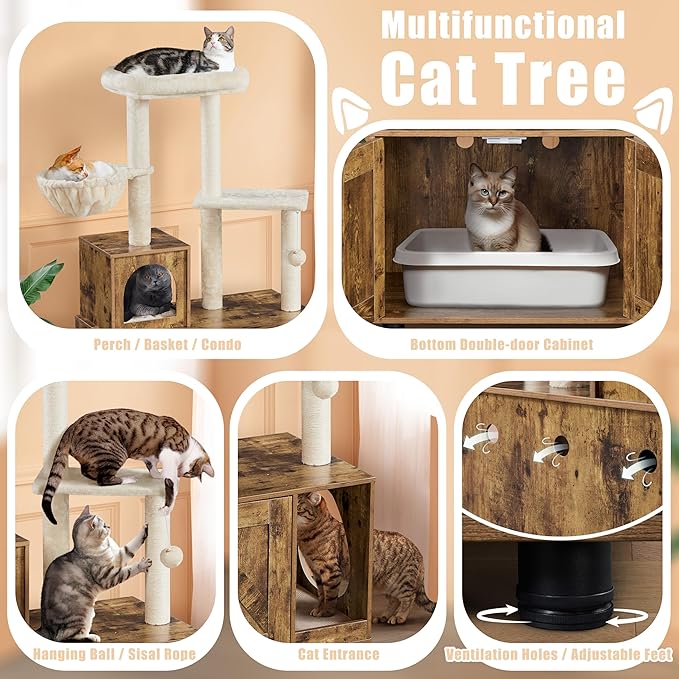 Yaheetech Litter Box Enclosure with Cat Tree, All-in-one Indoor Kitten House w/Scratching Posts, Wooden Cat Litter Box Furniture w/Condo, Platform, Rustic Brown/Beige