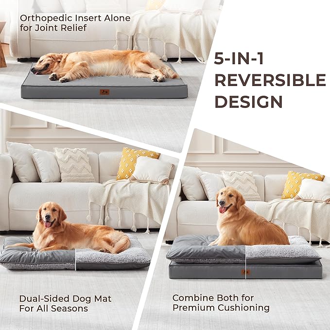 2-Pack Waterproof Dog Bed Large Size Dogs, Plush Cushion & Orthopedic Egg-Crate Foam Mattress for Senior Dogs, Washable Dog Crate Bed with Removable Cover, Dark Grey