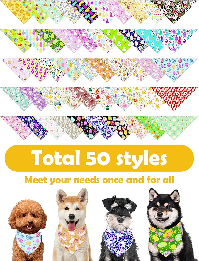 PET SHOW 50 Pack Easter Dog Bandanas Bulk for Extra Large XL Dogs Washable Adjustable Pet Scarf Triangle Bibs for Dogs Green Yellow Purple Decorative Grooming Accessories