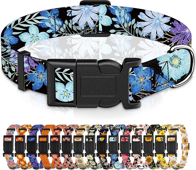 Dog Collar for Boys & Girls, Puppy Collar for Small to Large Dogs, Adjustable Soft Pet Collar with Safety Buckle for Male & Females (Purple Floral, M)
