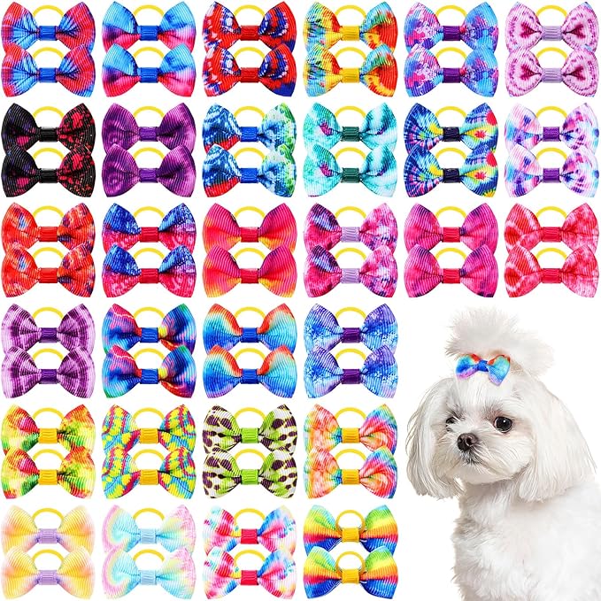 60 Pcs Cute Puppy Dog Hair Bows Small Bowknot Hair Bows with Rubber Bands Handmade Knot Accessories Pet Grooming Products for Holiday Birthday Gift(Tie Dye)
