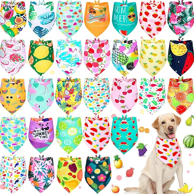 Eccliy 30 Pack Summer Fruit Dog Bandanas Bulk Soft Triangle Dog Scarfs Polyester Bandana Pet Costume Cute Scarf Bibs with Flowers Patterns for Small Medium Large