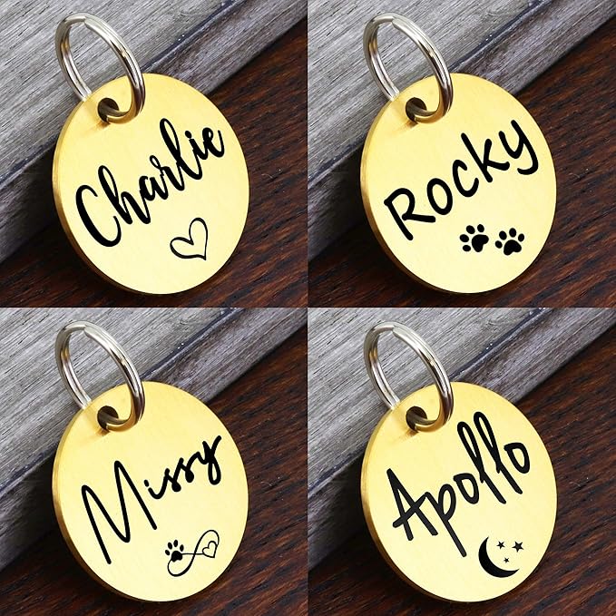 Ultra Joys Dog ID Tag, Custom Dog Tag Personalized Cat Tag, Pet ID Tag, Brushed Stainless Steel Brushed Stainless Steel Round Dog Tag Gold Large